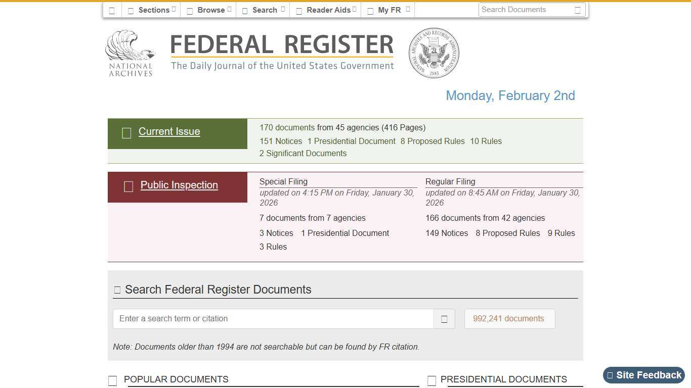 Federal Register :: Home - Monday, February 2nd